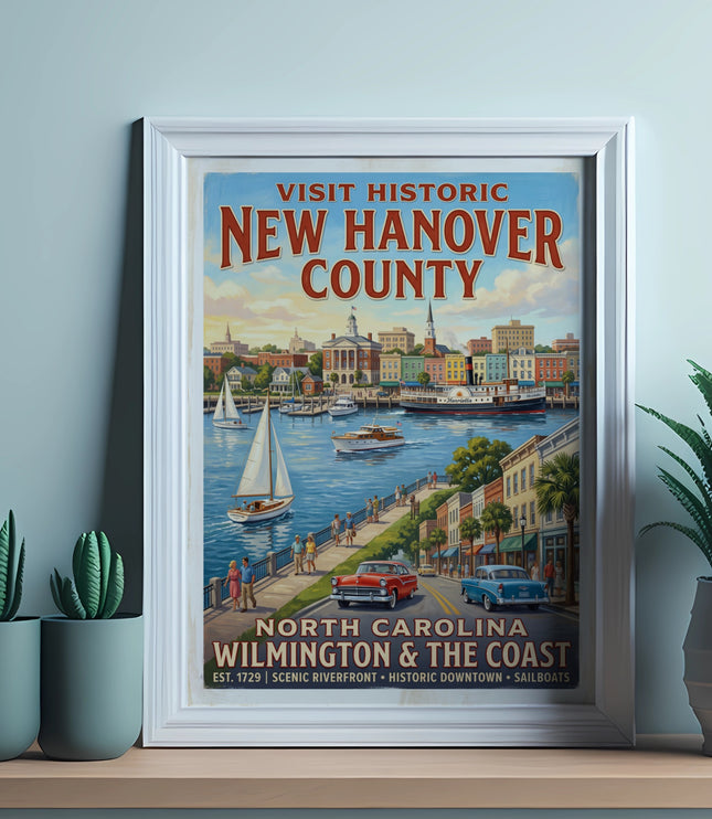 Vintage poster for New Hanover County, Wilmington, and the Coast showing a harbor scene.