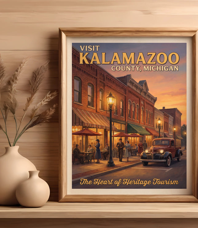 Visit Kalamazoo County, Michigan heritage tourism poster with vintage street scene.
