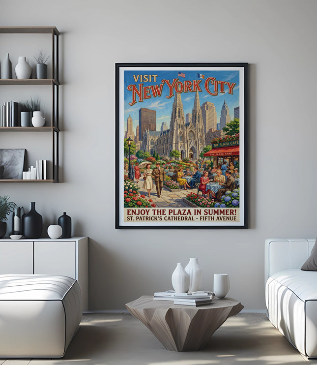Vintage New York City art with St. Patrick's Cathedral and plaza cafe scene.