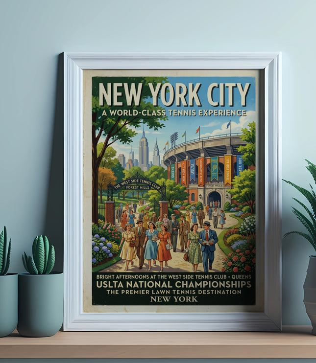 New York City USLTA National Championships vintage tennis poster.