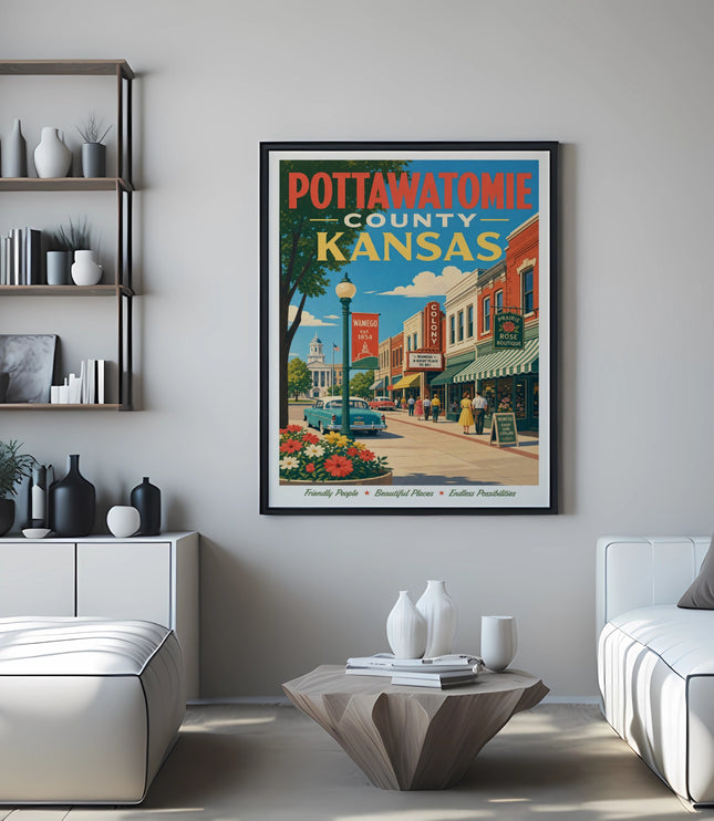 Poster for Pottawatomie County, Kansas, featuring Wamego and "A Great Place To Be!".