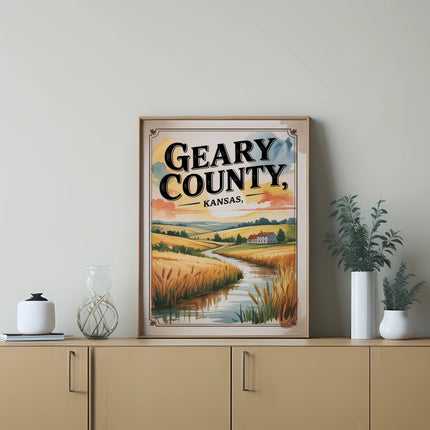 Framed artwork of Geary County, Kansas landscape with wheat fields and a winding river.