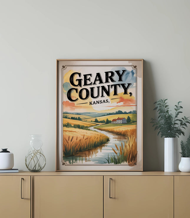 Framed artwork of Geary County, Kansas landscape with wheat fields and a winding river.