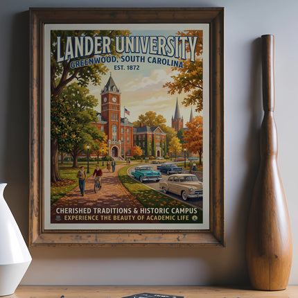 Lander University poster featuring Old Main building, vintage cars, and students.