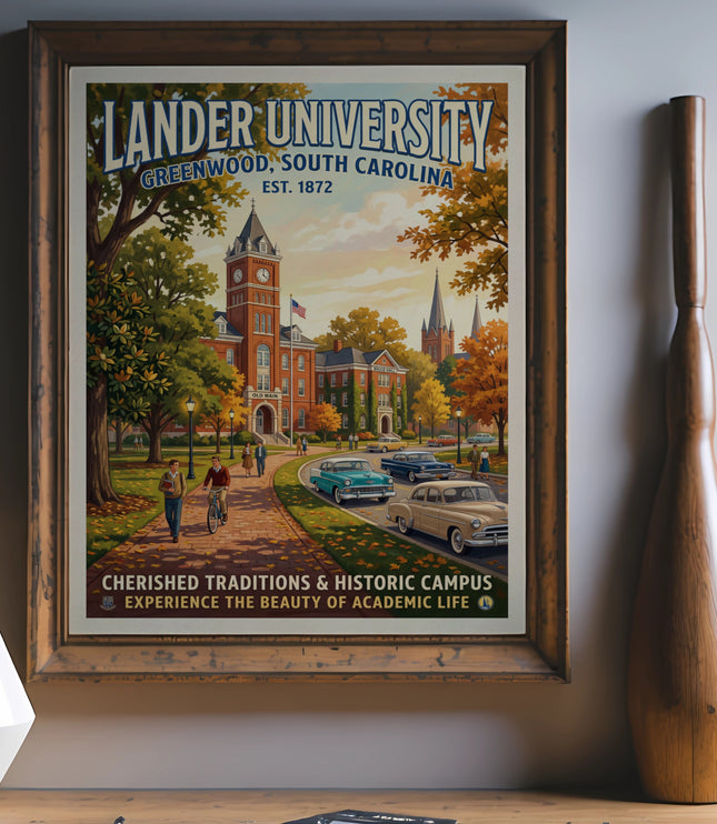 Lander University poster featuring Old Main building, vintage cars, and students.