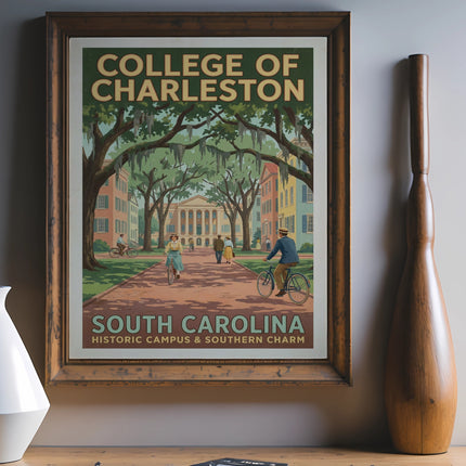 College of Charleston South Carolina vintage poster with people cycling.
