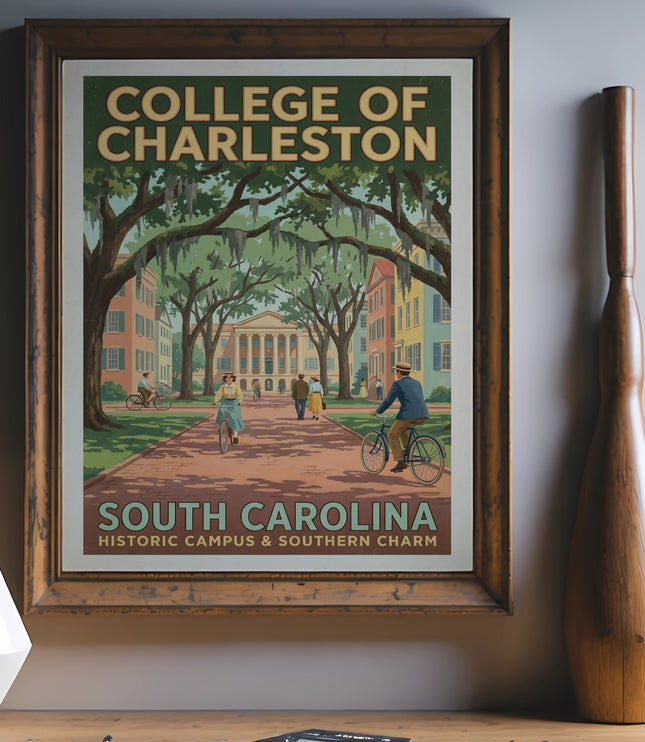 College of Charleston South Carolina vintage poster with people cycling.