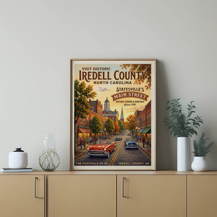 Retro "Visit Historic Iredell County" poster featuring Statesville's Main Street.