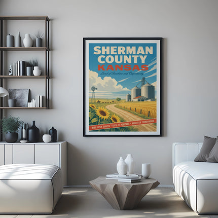Sherman County Kansas poster with silos, windmill, and sunflowers.