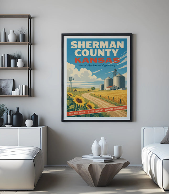 Sherman County Kansas poster with silos, windmill, and sunflowers.