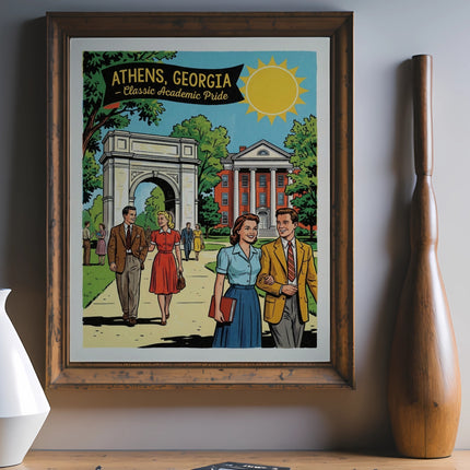 Retro illustration of a couple walking past UGA Arch with "Athens, Georgia" text.