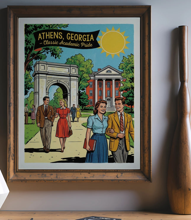 Retro illustration of a couple walking past UGA Arch with "Athens, Georgia" text.