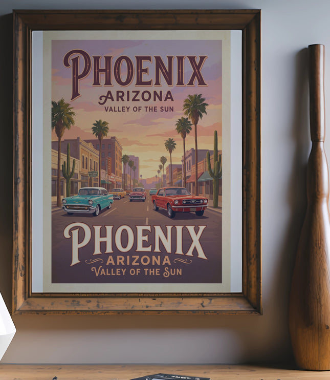 Framed vintage poster of Phoenix, Arizona "Valley of the Sun" with classic cars.