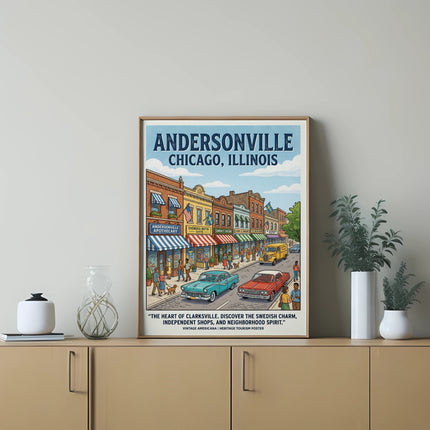 Andersonville Chicago Illinois vintage poster with shops, cars, and people.