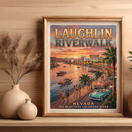 Laughlin Riverwalk, Nevada poster with boats, cars, people, and desert mountains at sunset.