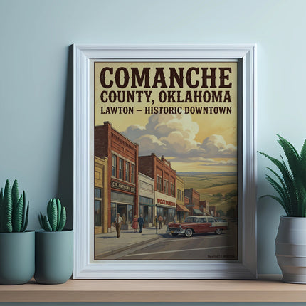 Comanche County, Oklahoma Lawton historic downtown poster with vintage car.