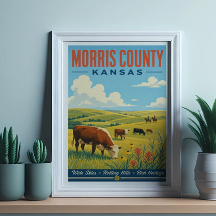 Vintage Morris County Kansas poster with cows grazing in rolling hills.