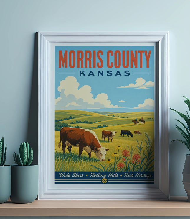 Vintage Morris County Kansas poster with cows grazing in rolling hills.