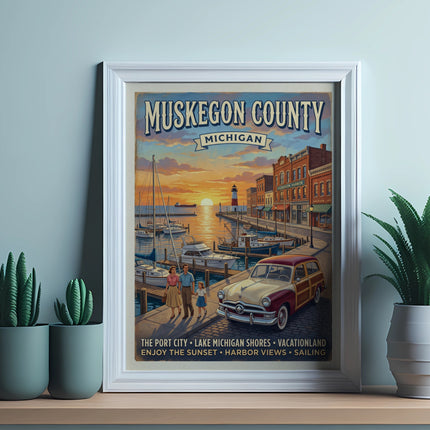 Vintage poster of Muskegon County, Michigan harbor scenes with text.