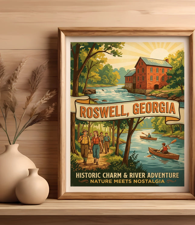 Roswell, Georgia vintage travel poster featuring a mill, river, and people canoeing.