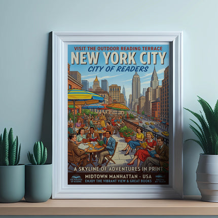 New York City "City of Readers" poster featuring people reading outdoors.