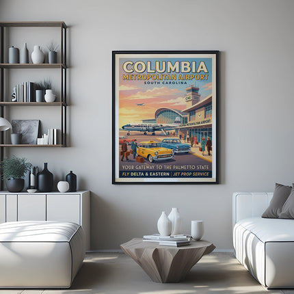 Vintage poster of Columbia Metropolitan Airport, South Carolina, with planes and taxis.
