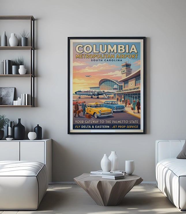 Vintage poster of Columbia Metropolitan Airport, South Carolina, with planes and taxis.