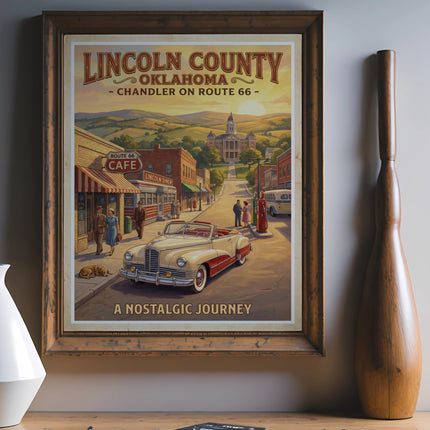 "Lincoln County Oklahoma, Chandler on Route 66" vintage travel poster with classic car.