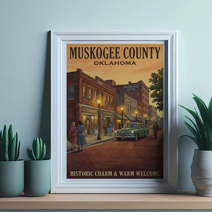 "Muskogee County Oklahoma" vintage poster with historic street scene and "Muskogee Hotel" sign.