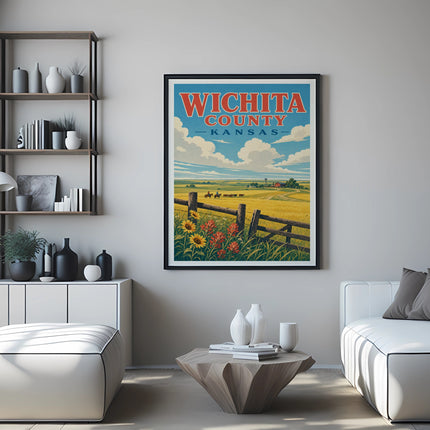 Vintage poster of Wichita County, Kansas landscape with sunflowers and fields.