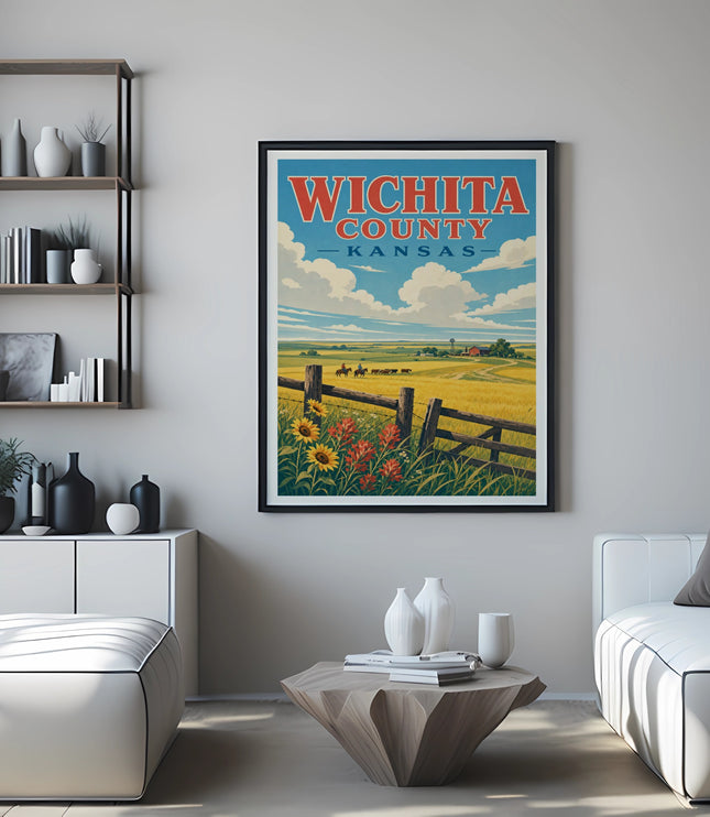 Vintage poster of Wichita County, Kansas landscape with sunflowers and fields.