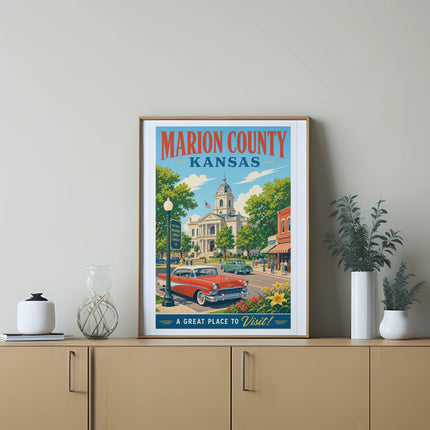 Marion County, Kansas poster with vintage car and historic town buildings.