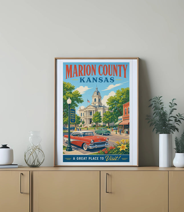 Marion County, Kansas poster with vintage car and historic town buildings.