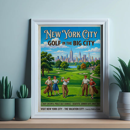 Vintage New York City golf poster depicting golfers on a course with city skyline.