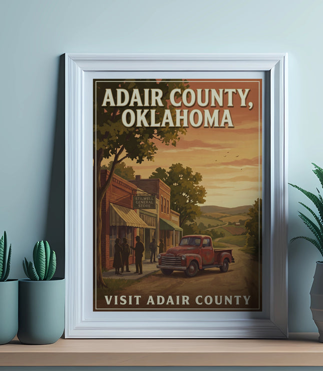 Adair County, Oklahoma vintage travel poster with truck and general store.