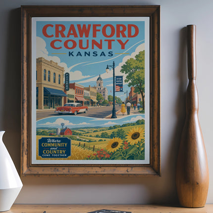 Crawford County, Kansas poster with town, farm, and sunflowers.