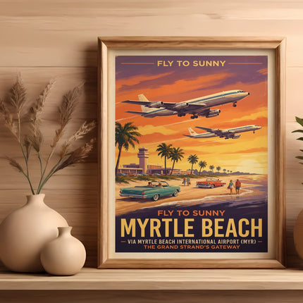 Vintage poster "Fly to Sunny Myrtle Beach" with planes, cars, and beach scene.