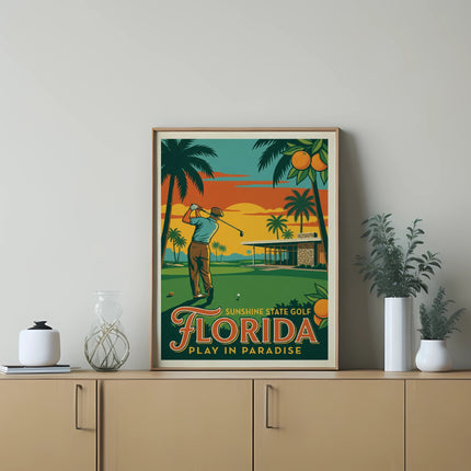 Vintage Florida golf poster with golfer, palm trees, and clubhouse.