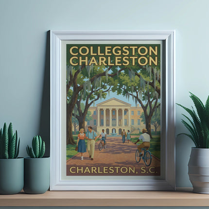 Collegston Charleston in Charleston, S.C. vintage travel poster featuring a college building.