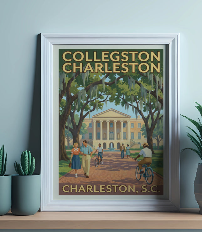 Collegston Charleston in Charleston, S.C. vintage travel poster featuring a college building.