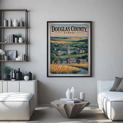 Poster of Douglas County, Kansas, with buildings, fields, and a river.