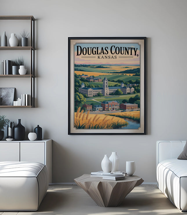 Poster of Douglas County, Kansas, with buildings, fields, and a river.