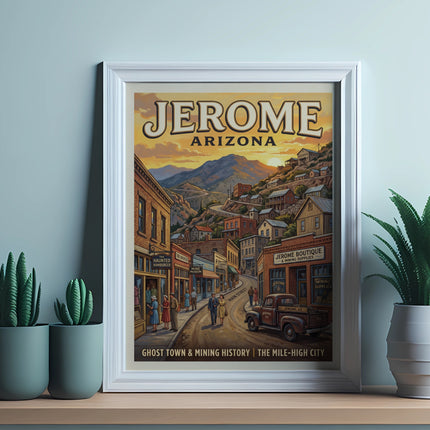 Jerome Arizona vintage travel poster showing buildings, a truck, and mountains.