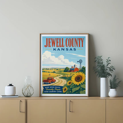 Jewell County Kansas vintage travel poster featuring farm, sunflowers, and red truck.