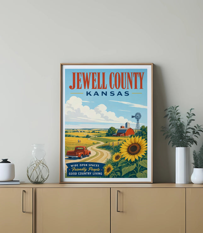 Jewell County Kansas vintage travel poster featuring farm, sunflowers, and red truck.