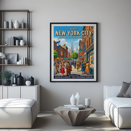 New York City Chelsea Gallery District travel poster with art and people.