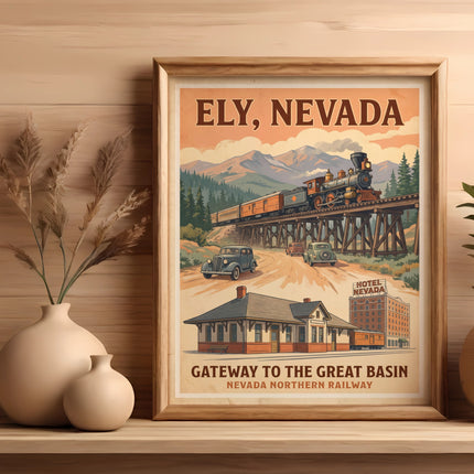 Vintage travel poster for Ely, Nevada, showing train and cars.