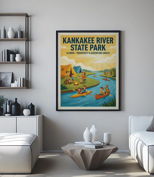Kankakee River State Park Illinois poster featuring camping and canoeing.
