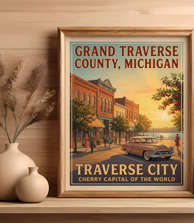 Grand Traverse County, Michigan vintage travel poster featuring Traverse City.