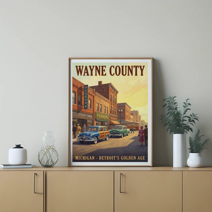 Wayne County, Michigan - Detroit's Golden Age vintage poster with cars.